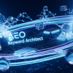 Keyword Architect digital laboratory interface with glowing AI neural networks and data nodes.