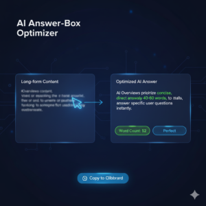 AI Answer-Box Optimizer tool interface on a dark #0F172A background showing a text-to-snippet transformation with a conciseness gauge and a "Position Zero" featured snippet preview