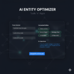 AI Entity Optimizer tool interface on a dark #0F172A background showing a semantic map of connected topics and natural language questions for SEO.