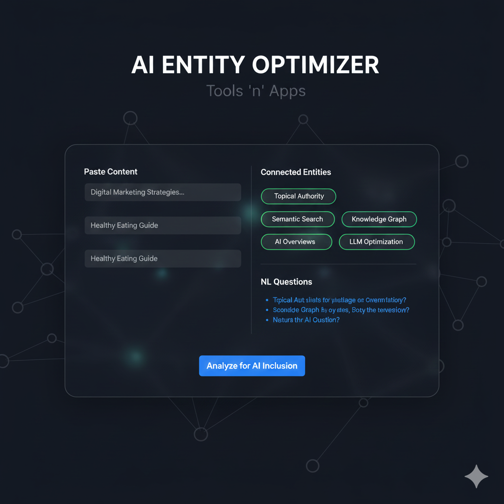 AI Entity Optimizer tool interface on a dark #0F172A background showing a semantic map of connected topics and natural language questions for SEO.