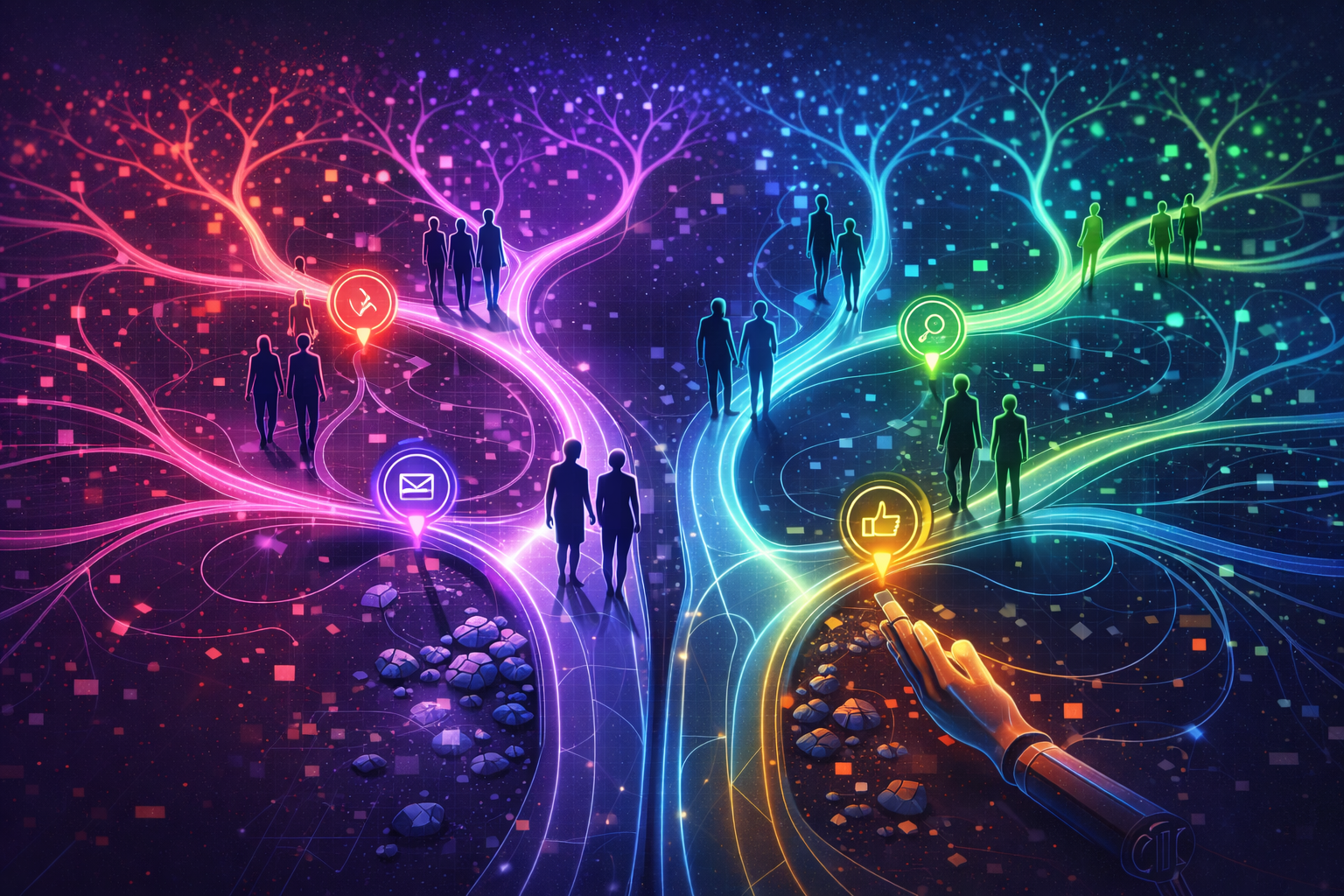 Branching tree visualization of personalized customer journeys, with glowing multi-colored pathways representing different segments, abstract human figures, and dynamic decision points.