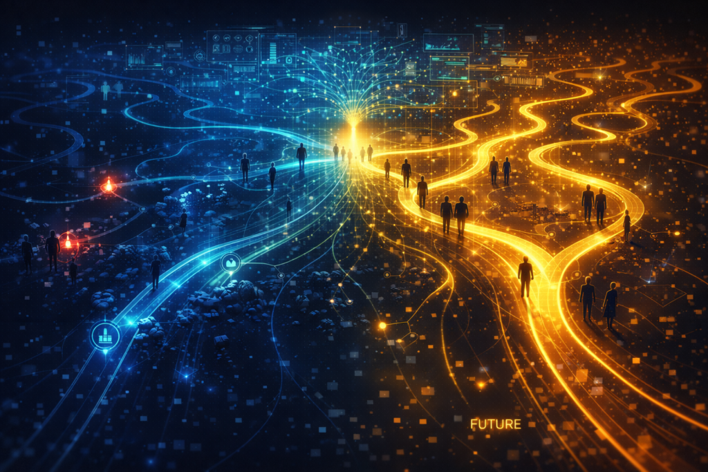 AI-powered customer journey visualization showing data-driven optimization, friction analysis, personalization paths, and continuous improvement across the full conversion lifecycle.