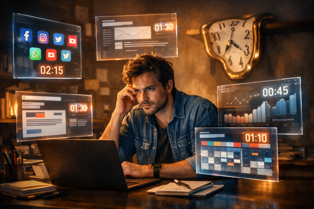 Solo entrepreneur surrounded by holographic marketing dashboards showing social media, analytics, and content tasks under time pressure