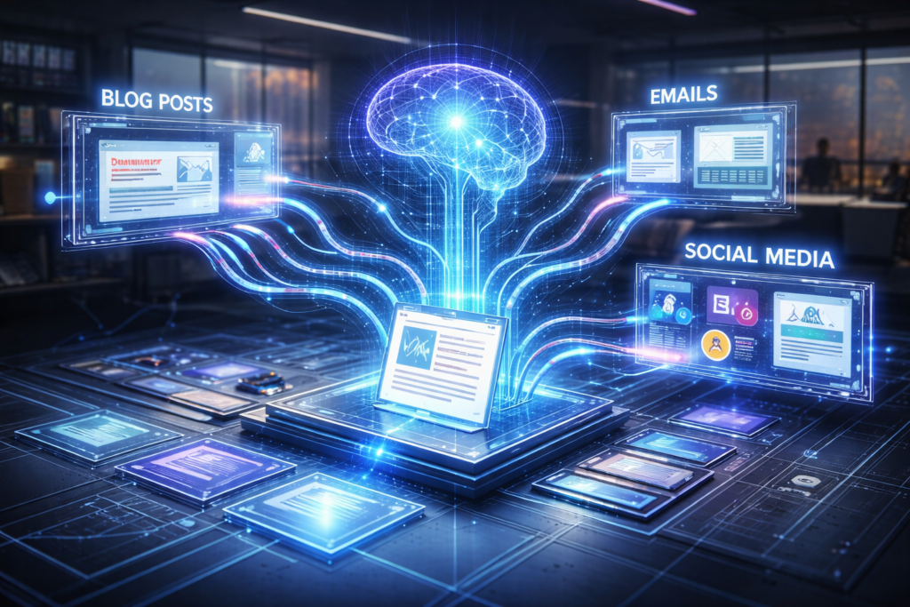 AI system transforming one content idea into blog posts, emails, and social media formats through automated workflows
