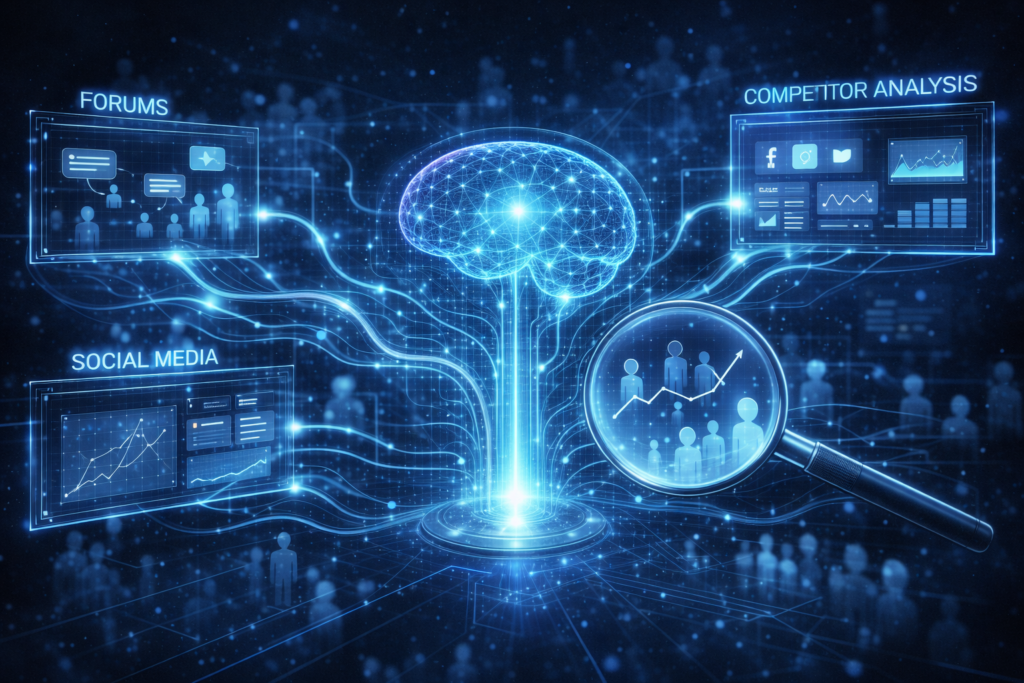 AI listening dashboard analyzing audience conversations across forums, social media, and competitor data