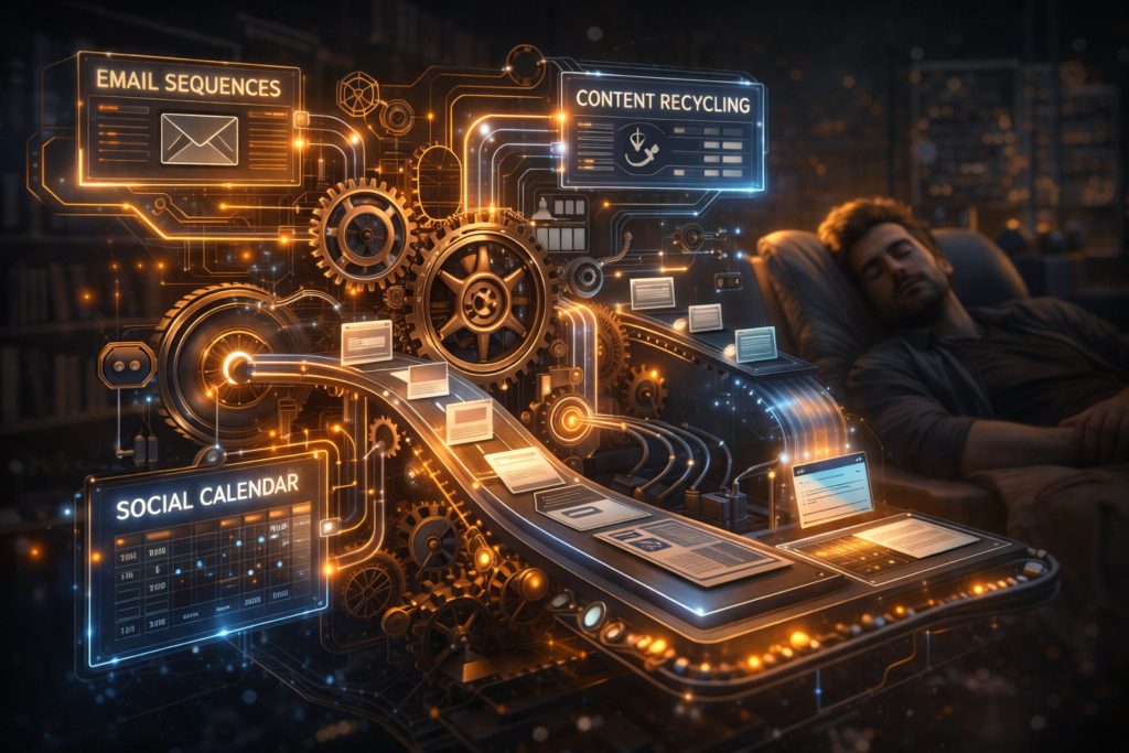 Automated content system running email sequences and social calendars while entrepreneur sleeps