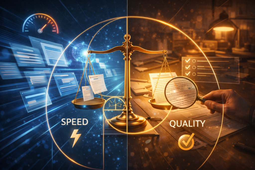 Balance between fast AI content generation and careful human quality control in content workflow