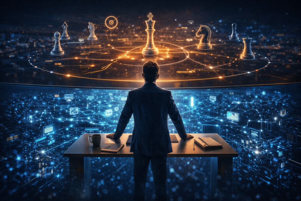 Entrepreneur overseeing AI systems executing tactical work beneath strategic planning layer