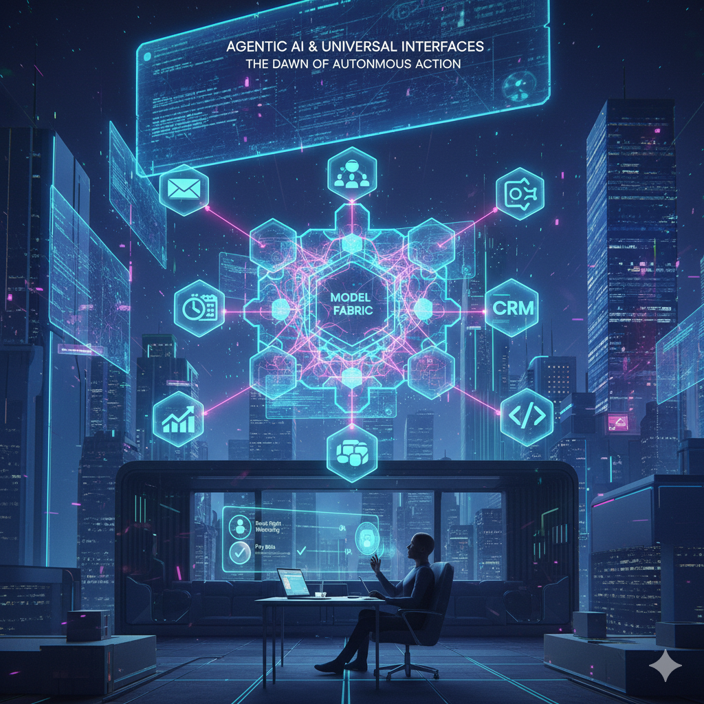 Futuristic high-tech chrome banana featuring glowing blue holographic circuitry and digital data nodes in a cinematic laboratory setting, symbolizing Nano Banana and Agentic AI technology.