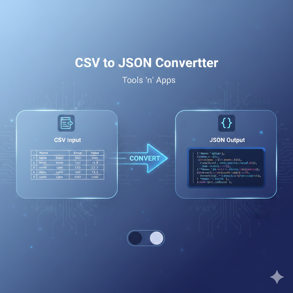 Screenshot of CSV to JSON converter tool showing data transformation from spreadsheet to JSON code