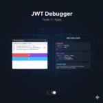 Professional JWT Debugger tool interface featuring a deep navy #0F172A background, displaying color-coded JSON Web Token segments—header, payload, and signature—in a clean, browser-based developer utility layout