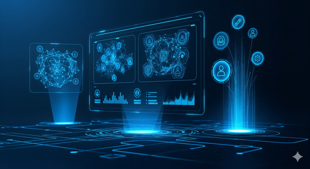 A futuristic digital dashboard for the Niche Brainstormer tool, displaying glowing blue network diagrams, psychological market data, and human behavior analysis icons on a deep midnight blue interface.