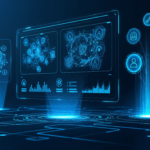 A futuristic digital dashboard for the Niche Brainstormer tool, displaying glowing blue network diagrams, psychological market data, and human behavior analysis icons on a deep midnight blue interface.