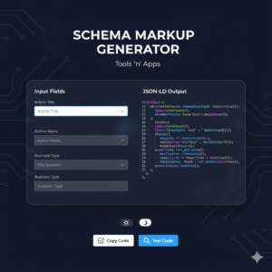 Schema Markup Generator tool interface with JSON-LD code preview and dark theme #0F172A background