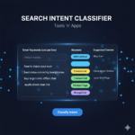 Search Intent Classifier dashboard showing keyword categorization into Informational, Commercial, and Transactional buckets on a #0F172A theme