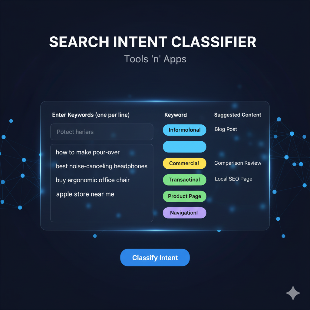 Search Intent Classifier dashboard showing keyword categorization into Informational, Commercial, and Transactional buckets on a #0F172A theme
