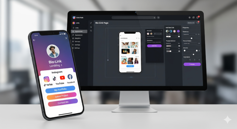 Tools 'n' Apps BioLink Studio landing page creator showing a dark mode editor on a monitor and a mobile bio link preview on a smartphone