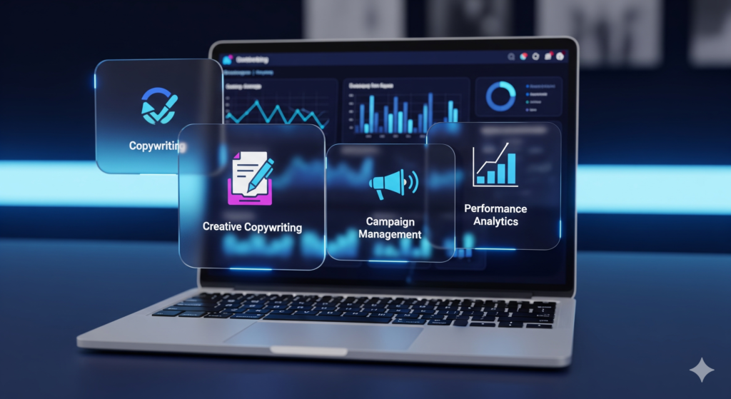 Tools n Apps Email Writer featured image showing a premium 3D digital marketing workstation with floating glassmorphism interface cards and copywriting icons on a sleek laptop.