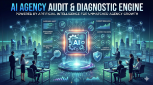 Cover image titled 'AI Agency Audit & Diagnostic Engine', depicting a high-tech control room with professionals monitoring data around a central glowing AI chip and various audit modules like Campaign Audit and Market Research.