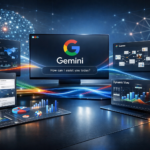 Google Gemini AI digital workspace showing Deep Research analytics, NotebookLM, Canvas apps, custom Gems dashboard and data visualization screens