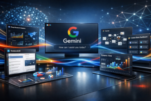 Google Gemini AI digital workspace showing Deep Research analytics, NotebookLM, Canvas apps, custom Gems dashboard and data visualization screens